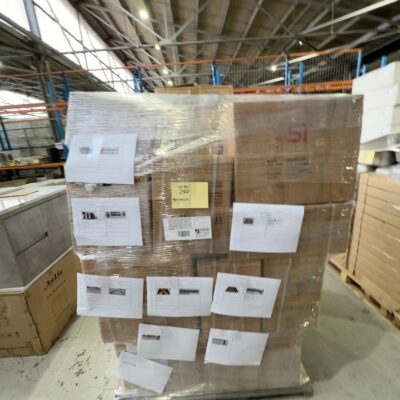 PALLET OF SQUARE AND ROUND RAIN SHOWER HEADS 200/250/300MM & MATCHING SHOWER ARMS IN VARIOUS FINISHES - BRUSHED BRASS, COPPER, MATTE BLACK, MATTE WHITE, CHROME & BRUSHED NIKEL, APPROX 348 SETS WITH ADDITIONAL KITCHEN & VANITY TAPS, & BATHROOM STORAGE BASKETS, SOLD AS IS NO WARRANTY