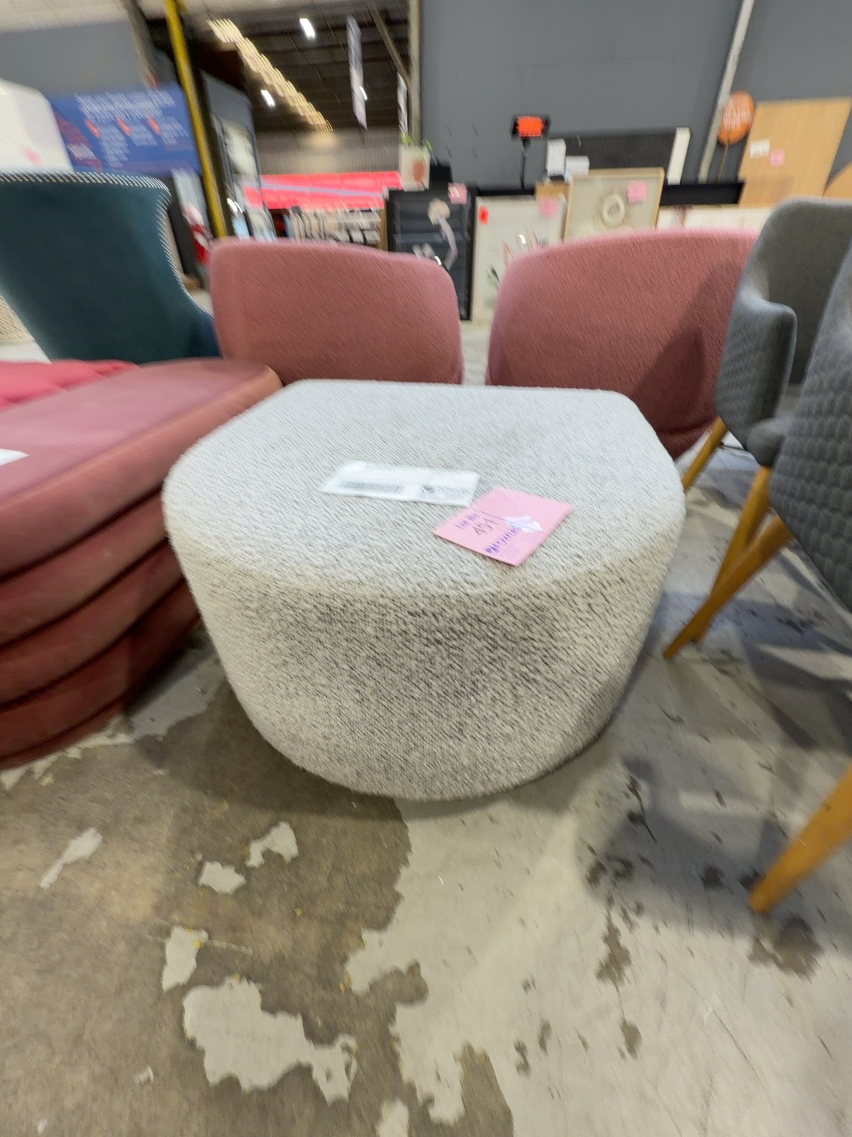 EX HIRE - GREY BOUCLE OTTOMAN WITH CHROME BASE, SOLD AS IS EX HIRE - GREY BOUCLE OTTOMAN WITH CHROME BASE, SOLD AS IS