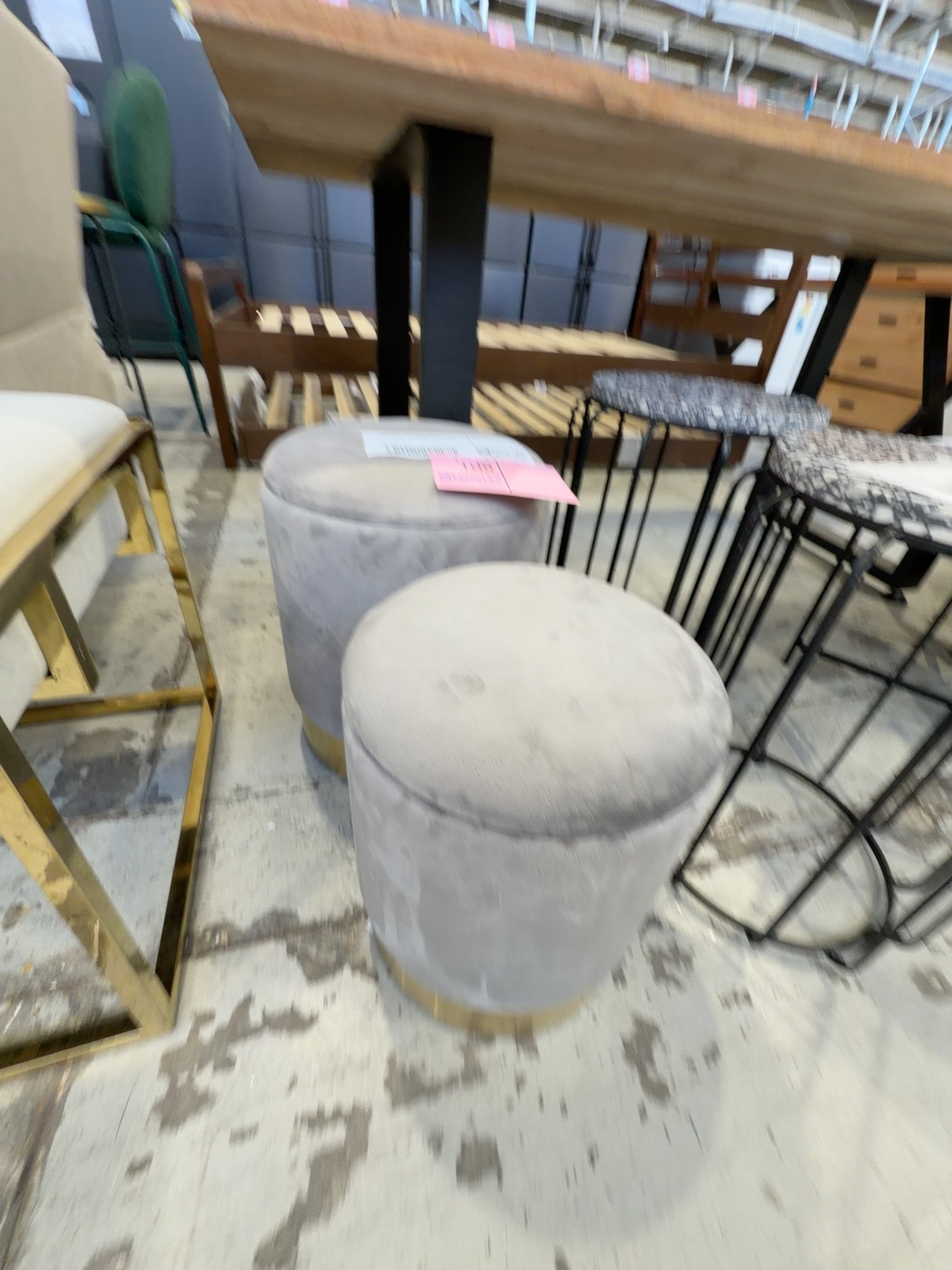EX STAGING - PAIR OF GREY VELVET ROUND STORAGE OTTOMANS, SOLD AS IS EX STAGING - PAIR OF GREY VELVET ROUND STORAGE OTTOMANS, SOLD AS IS