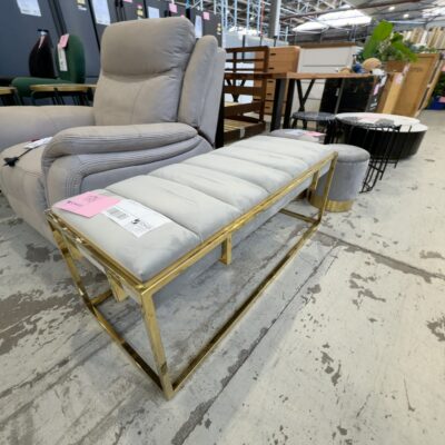 EX STAGING - GREY VELVET OTTOMAN, GOLD FRAME, SOLD AS IS EX STAGING - GREY VELVET OTTOMAN, GOLD FRAME, SOLD AS IS