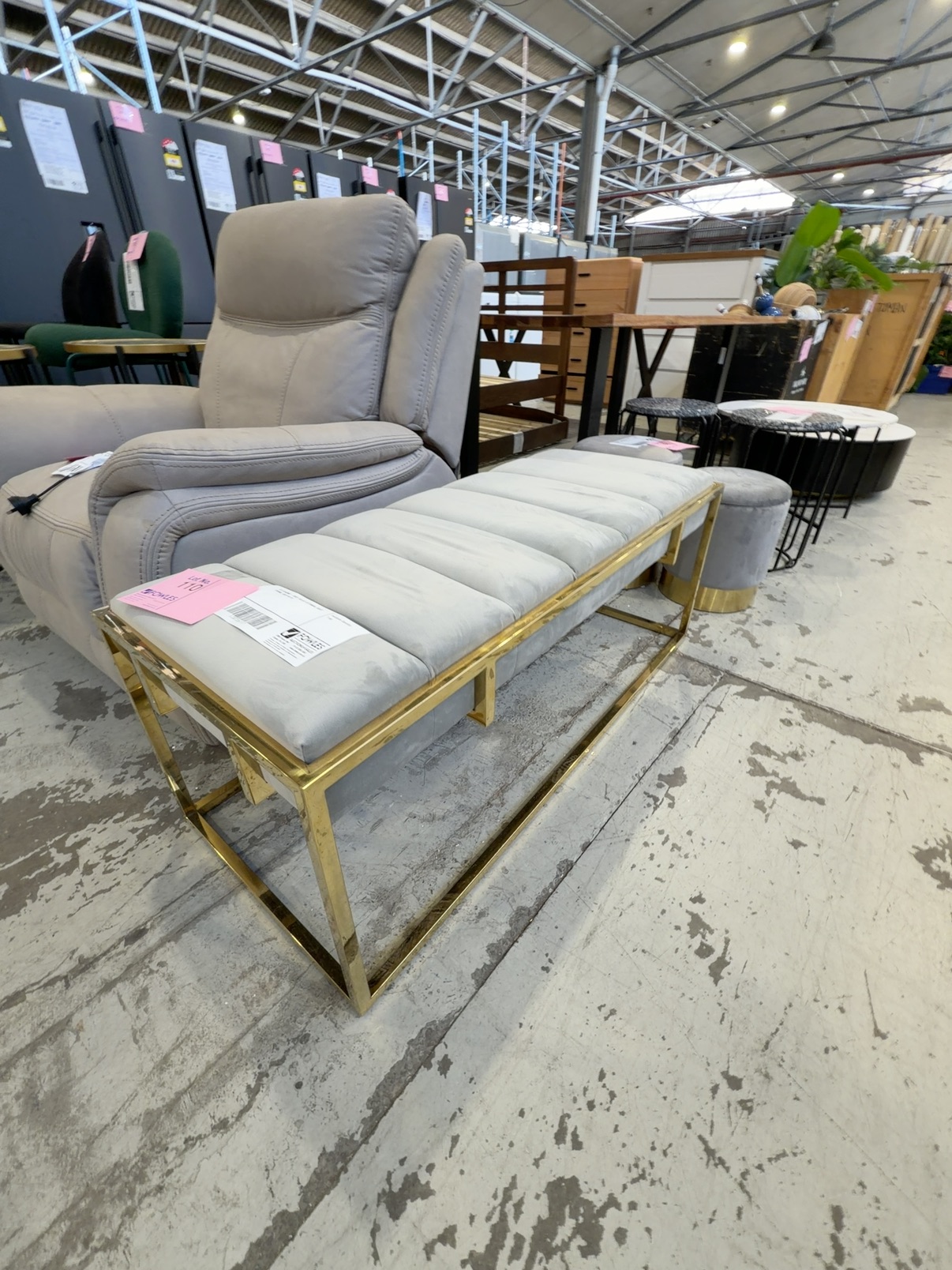 EX STAGING - GREY VELVET OTTOMAN, GOLD FRAME, SOLD AS IS EX STAGING - GREY VELVET OTTOMAN, GOLD FRAME, SOLD AS IS
