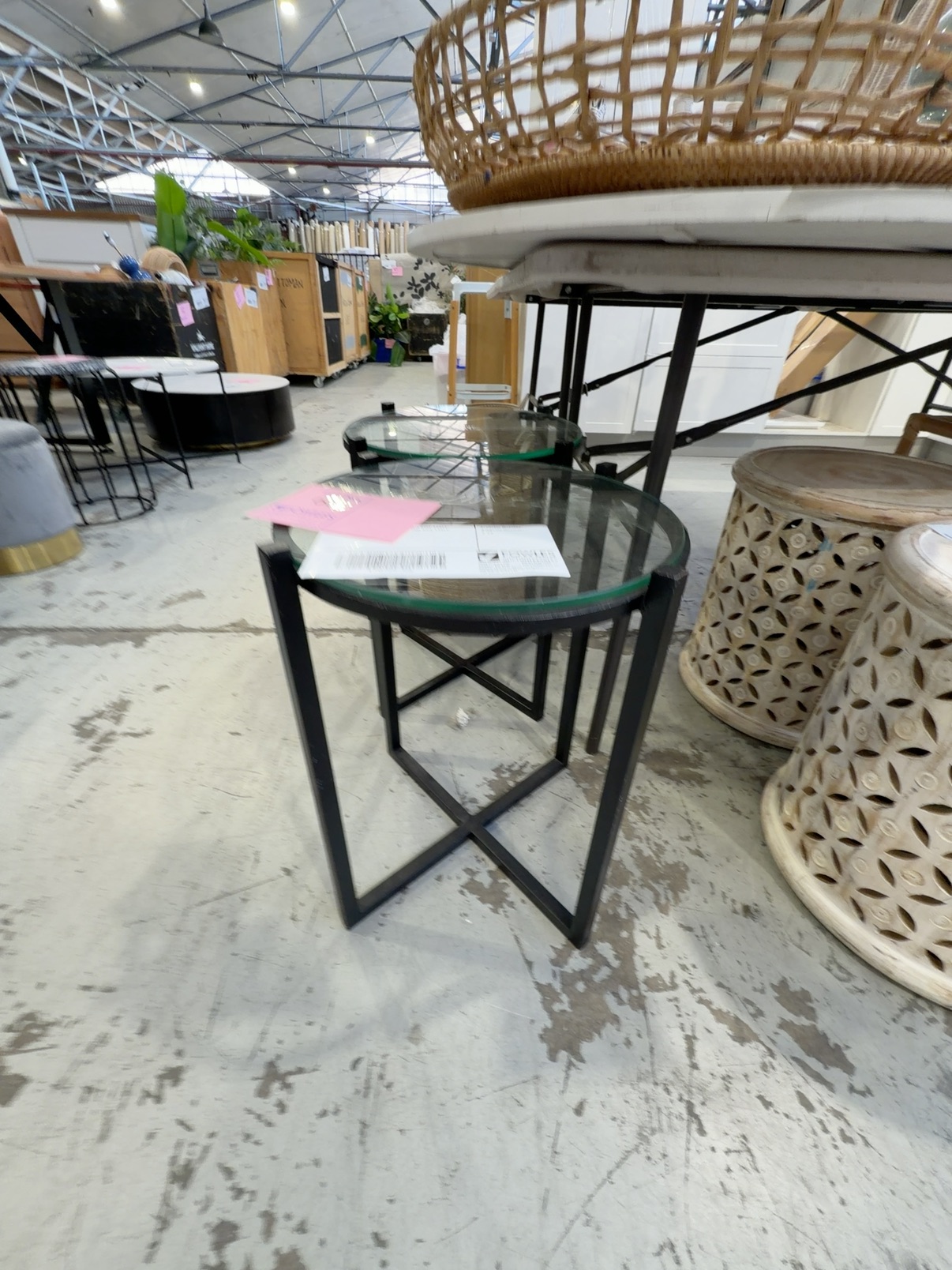 EX STAGING - GLASS ROUND SIDE TABLE, SOLD AS IS EX STAGING - GLASS ROUND SIDE TABLE, SOLD AS IS