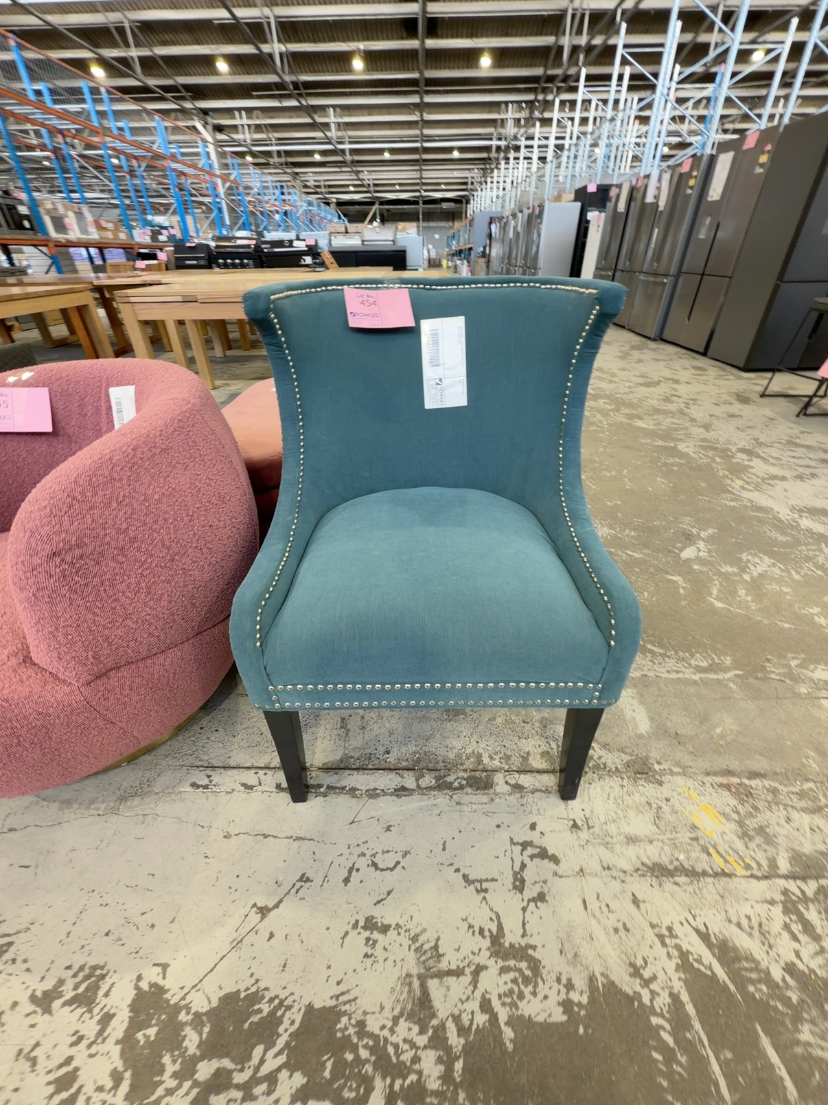 EX STAGING - TEAL ARMCHAIR WITH STUD DETAIL SOLD AS IS EX STAGING - TEAL ARMCHAIR WITH STUD DETAIL SOLD AS IS