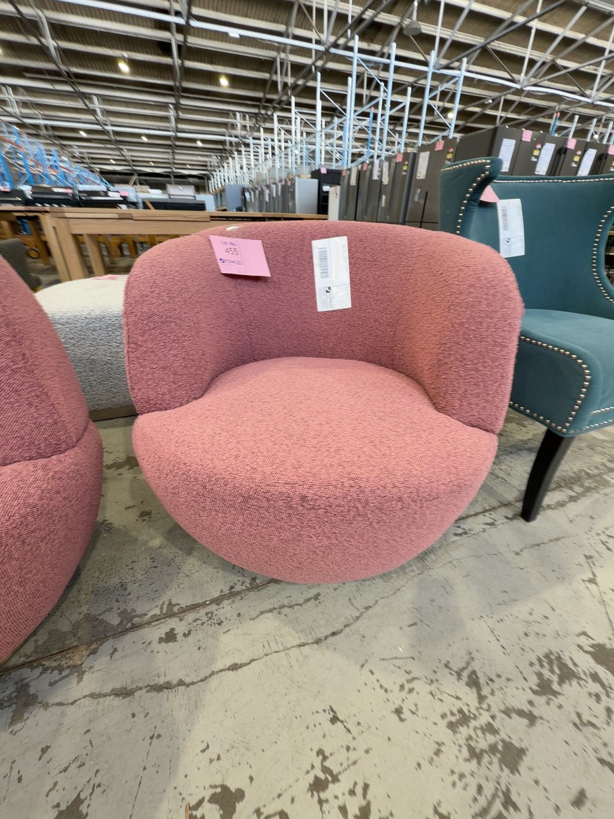 EX STAGING - PINK BOUCLE SWIVEL ARMCHAIR, SOLD AS IS EX STAGING - PINK BOUCLE SWIVEL ARMCHAIR, SOLD AS IS