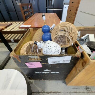 EX STAGING - SMALL CRATE ON WHEELS FILLED WITH ASSORTED STAGING LAMPS ETC SOLD AS IS EX STAGING - SMALL CRATE ON WHEELS FILLED WITH ASSORTED STAGING LAMPS ETC SOLD AS IS