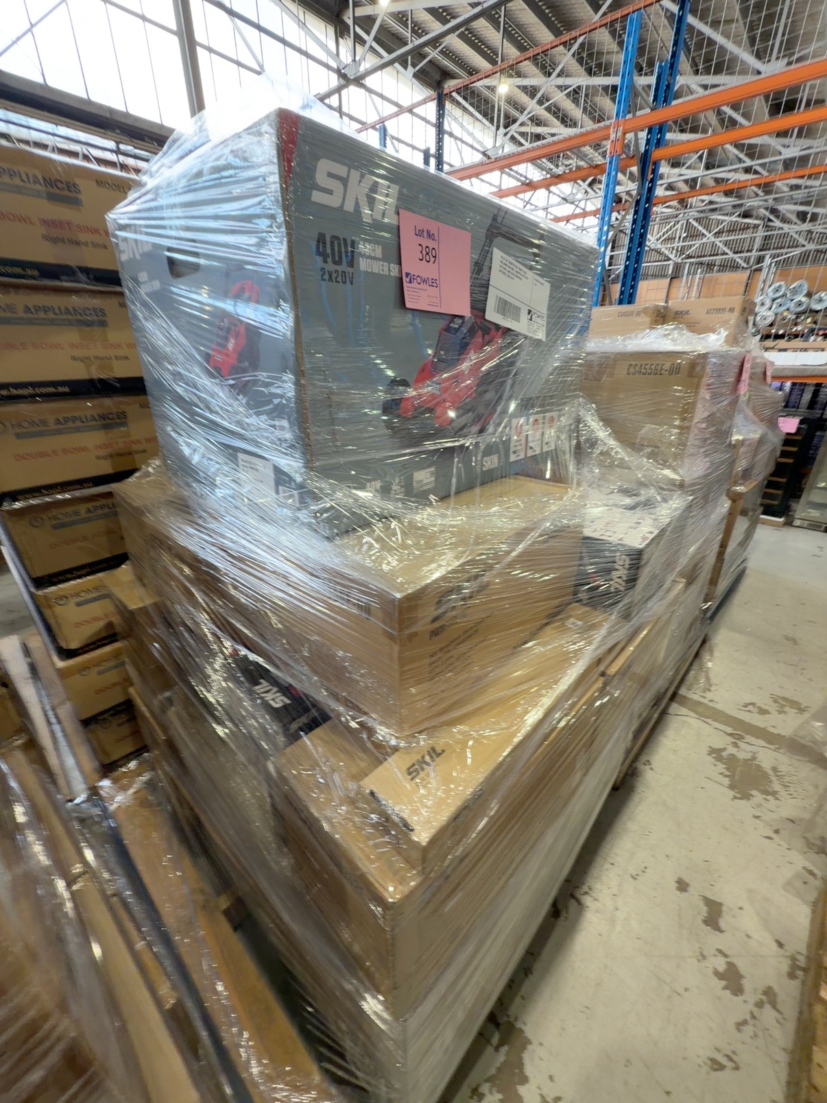 PALLET OF ASSORTED SKIL POWER TOOLS INCLUDING SKIN ONLY, ASSORTED KITS WITH BATTERIES, AND EXTRA INDIVIDUAL BATTERIES, SOLD AS IS PALLET OF ASSORTED SKIL POWER TOOLS INCLUDING SKIN ONLY, ASSORTED KITS WITH BATTERIES, AND EXTRA INDIVIDUAL BATTERIES, SOLD AS IS