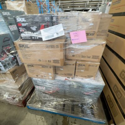 PALLET OF ASSORTED SKIL POWER TOOLS INCLUDING SKIN ONLY, ASSORTED KITS WITH BATTERIES, AND EXTRA INDIVIDUAL BATTERIES, SOLD AS IS PALLET OF ASSORTED SKIL POWER TOOLS INCLUDING SKIN ONLY, ASSORTED KITS WITH BATTERIES, AND EXTRA INDIVIDUAL BATTERIES, SOLD AS IS