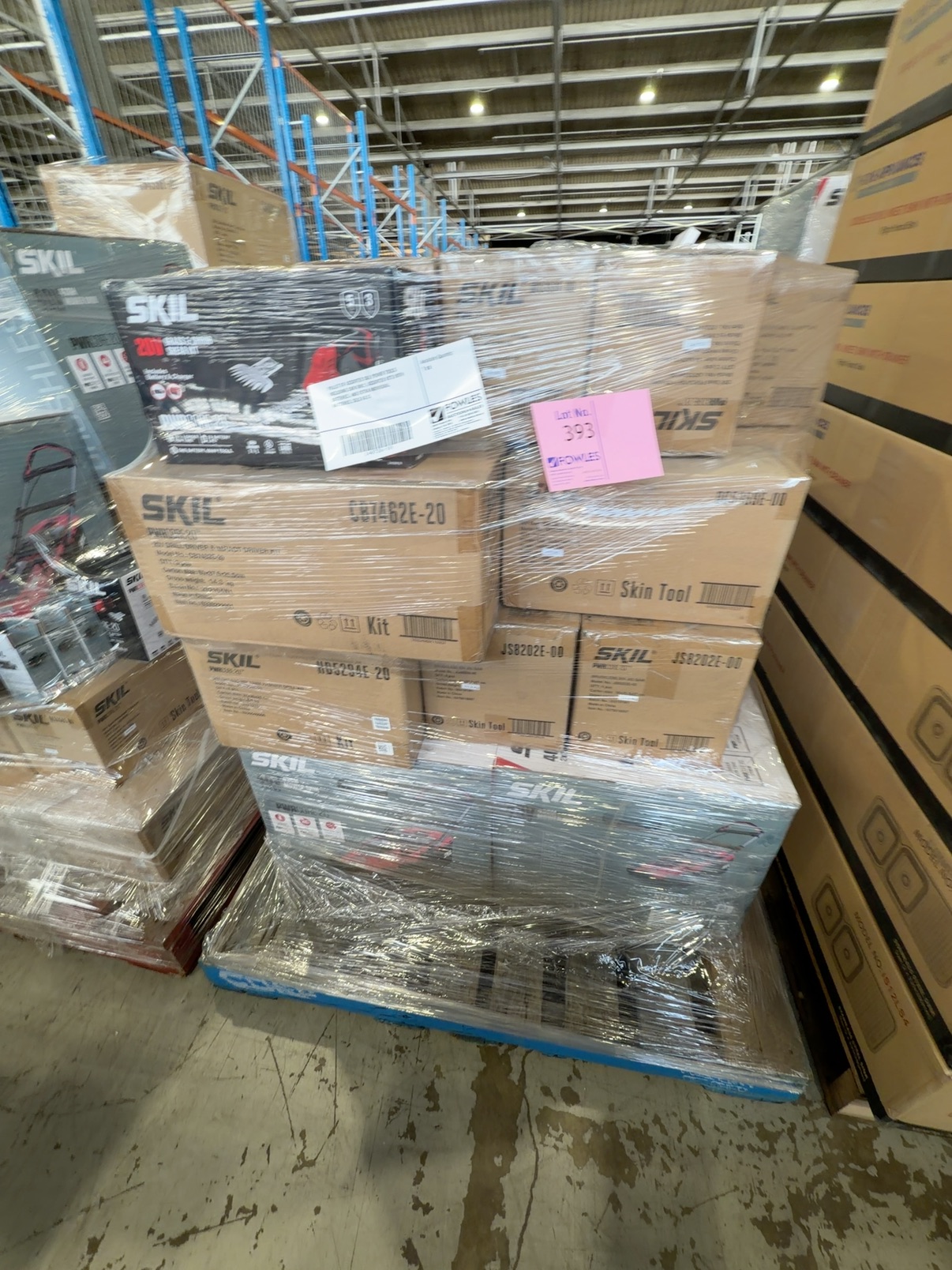 PALLET OF ASSORTED SKIL POWER TOOLS INCLUDING SKIN ONLY, ASSORTED KITS WITH BATTERIES, AND EXTRA INDIVIDUAL BATTERIES, SOLD AS IS PALLET OF ASSORTED SKIL POWER TOOLS INCLUDING SKIN ONLY, ASSORTED KITS WITH BATTERIES, AND EXTRA INDIVIDUAL BATTERIES, SOLD AS IS