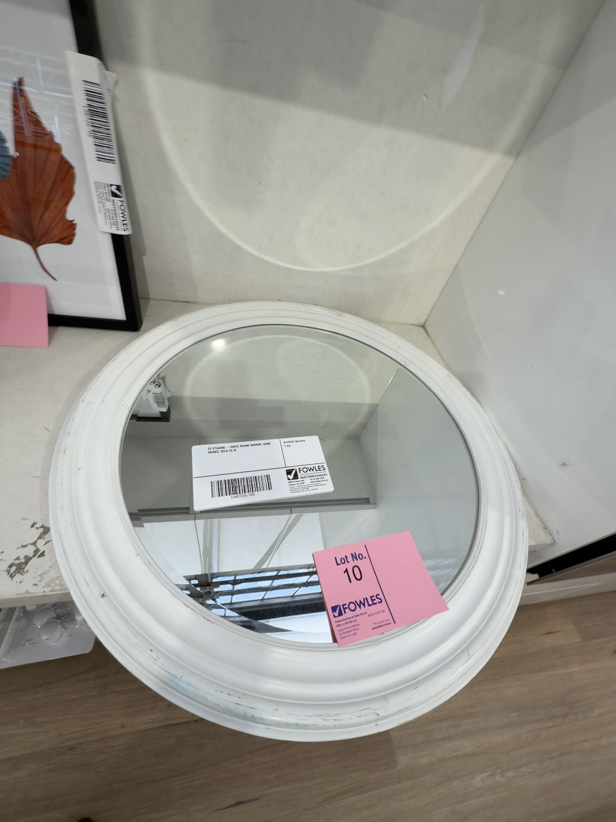EX STAGING - WHITE ROUND MIRROR, SOME MARKS, SOLD AS IS EX STAGING - WHITE ROUND MIRROR, SOME MARKS, SOLD AS IS
