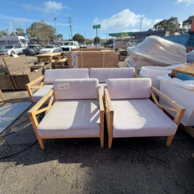 EX STAGING TIMBER FRAMED OUTDOOR COUCH WITH 2 ARM CHAIRS, **QUITE AGED, STAINS IN FABRIC, TIMBER NEEDS SANDING** SOLD AS IS EX STAGING TIMBER FRAMED OUTDOOR COUCH WITH 2 ARM CHAIRS, **QUITE AGED, STAINS IN FABRIC, TIMBER NEEDS SANDING** SOLD AS IS