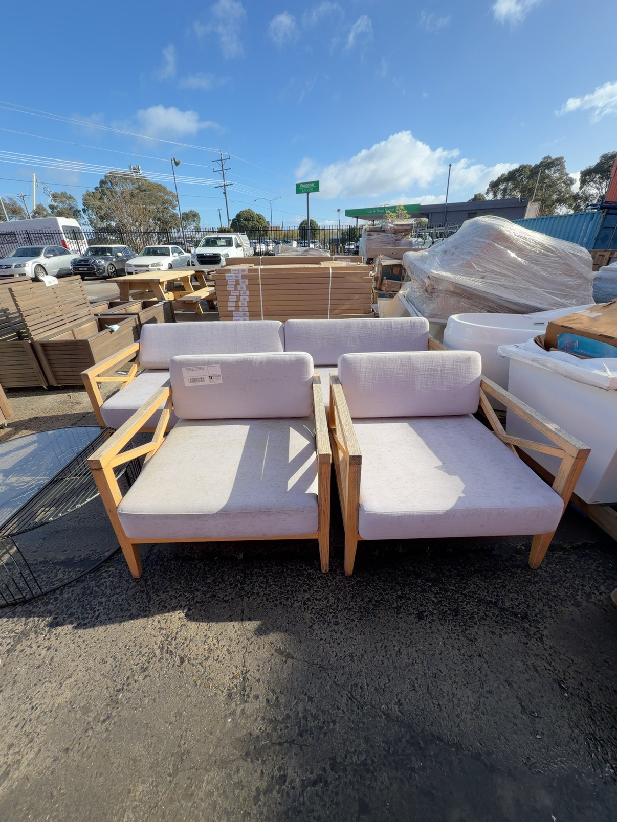 EX STAGING TIMBER FRAMED OUTDOOR COUCH WITH 2 ARM CHAIRS, **QUITE AGED, STAINS IN FABRIC, TIMBER NEEDS SANDING** SOLD AS IS EX STAGING TIMBER FRAMED OUTDOOR COUCH WITH 2 ARM CHAIRS, **QUITE AGED, STAINS IN FABRIC, TIMBER NEEDS SANDING** SOLD AS IS