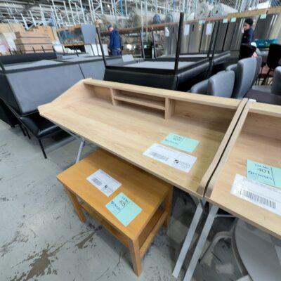 EX STAGING - OAK LAMINATE DESK WITH OPEN SHELVE, WHITE METAL FRAME, SOLD AS IS EX STAGING - OAK LAMINATE DESK WITH OPEN SHELVE, WHITE METAL FRAME, SOLD AS IS