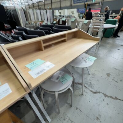 EX STAGING - OAK LAMINATE DESK WITH OPEN SHELVE, WHITE METAL FRAME, SOLD AS IS EX STAGING - OAK LAMINATE DESK WITH OPEN SHELVE, WHITE METAL FRAME, SOLD AS IS