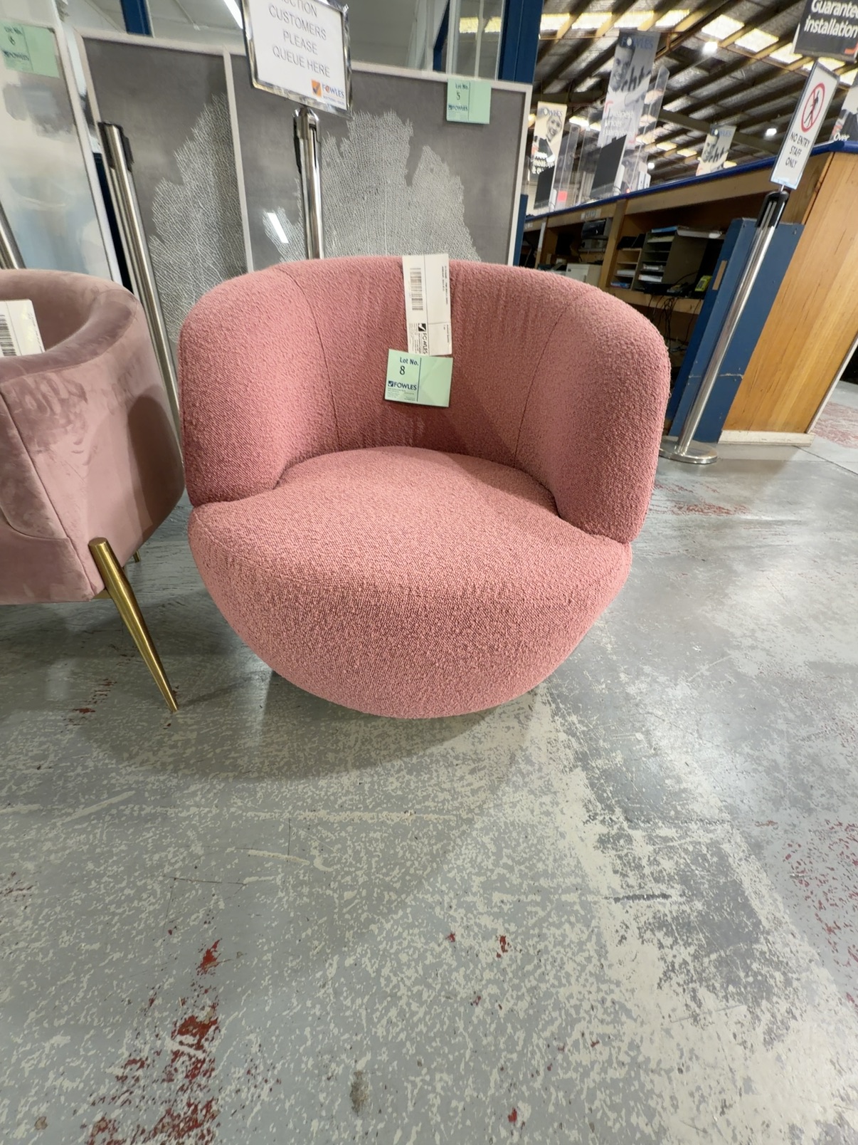 EX STAGING - PINK BOUCLE SWIVEL ARMCHAIR, SOLD AS IS EX STAGING - PINK BOUCLE SWIVEL ARMCHAIR, SOLD AS IS