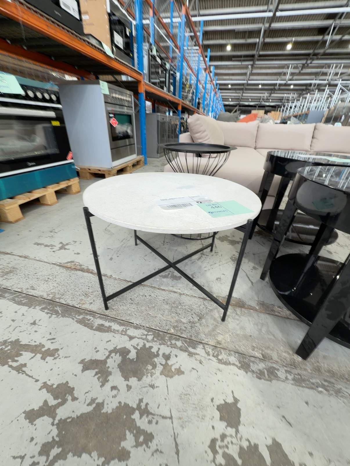 EX STAGING - ROUND COFFEE TABLE WITH STONE TOP, SOLD AS IS EX STAGING - ROUND COFFEE TABLE WITH STONE TOP, SOLD AS IS
