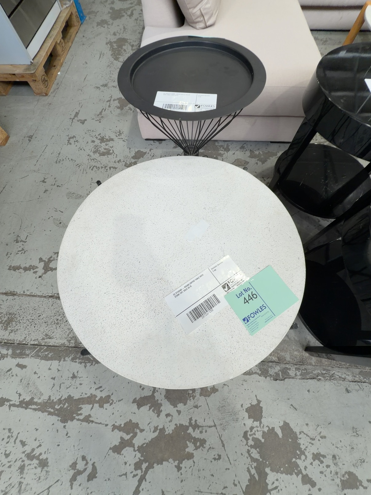 EX STAGING - ROUND COFFEE TABLE WITH STONE TOP, SOLD AS IS EX STAGING - ROUND COFFEE TABLE WITH STONE TOP, SOLD AS IS