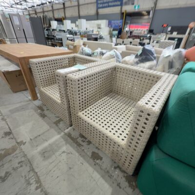 EX DISPLAY HOME - BEIGE RATTAN OUTDOOR ARMCHAIR, NO CUSHIONS, SOLD AS IS