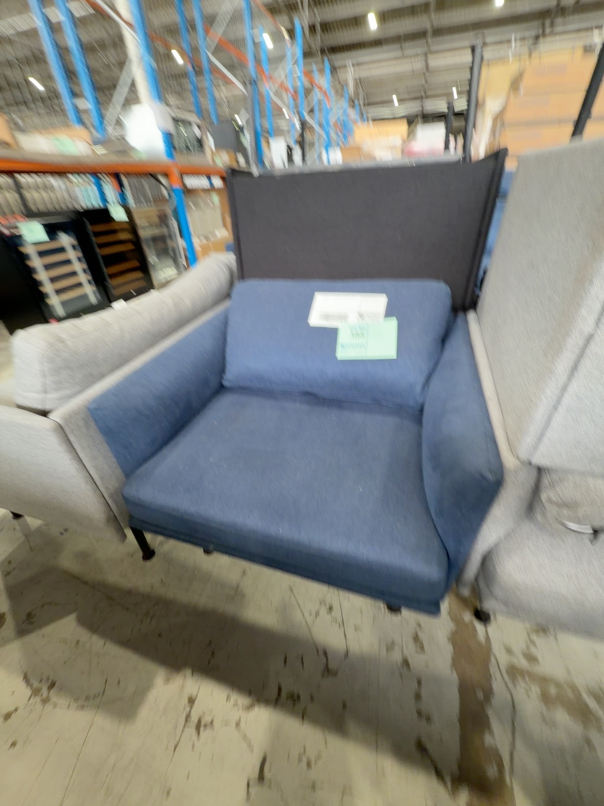 EX HIRE - BLUE MATERIAL ARM CHAIR, SOLD AS IS EX HIRE - BLUE MATERIAL ARM CHAIR, SOLD AS IS
