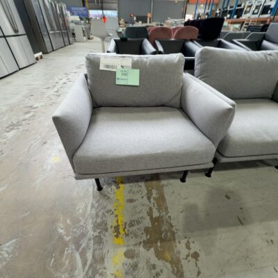 EX HIRE - GREY MATERIAL ARM CHAIR, SOLD AS IS EX HIRE - GREY MATERIAL ARM CHAIR, SOLD AS IS