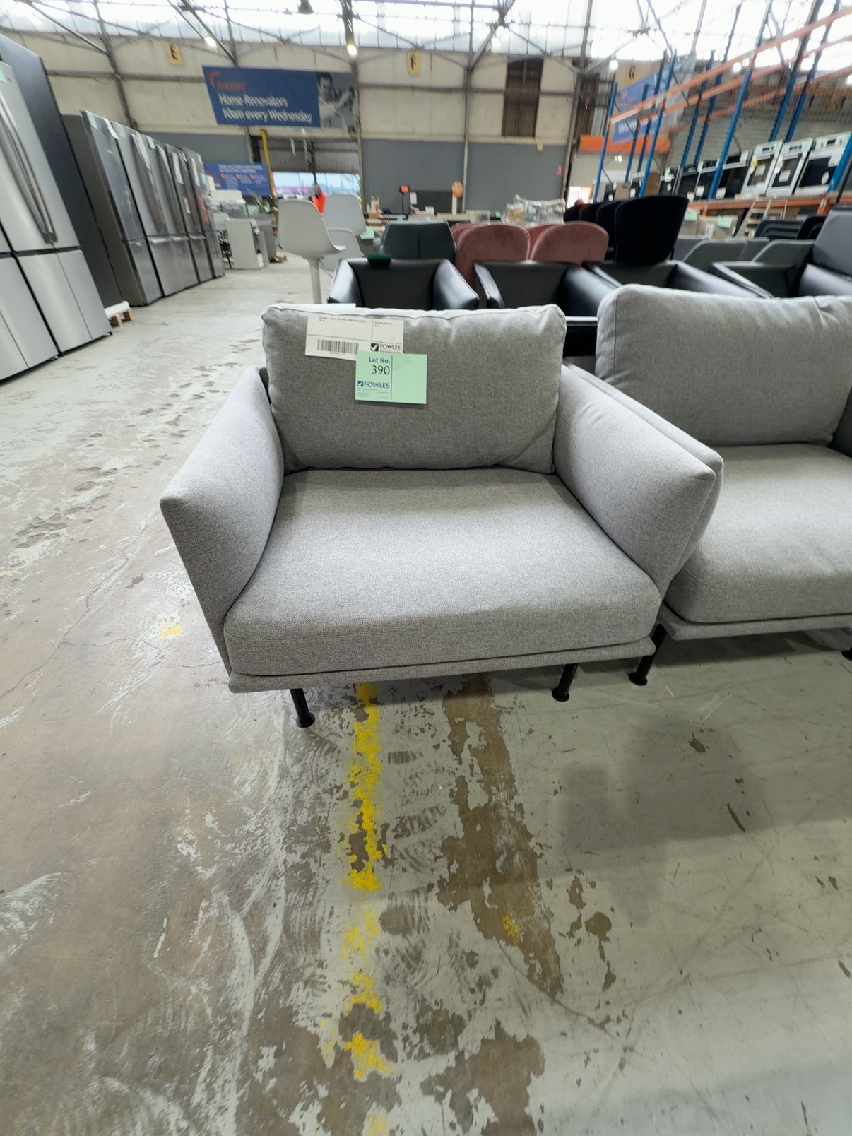 EX HIRE - GREY MATERIAL ARM CHAIR, SOLD AS IS EX HIRE - GREY MATERIAL ARM CHAIR, SOLD AS IS