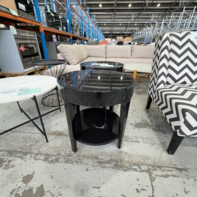 EX DISPLAY HOME -BLACK GLOSS ACRYLIC ROUND SIDE TABLE, SOME LIGHT MARKS, SOLD AS IS EX DISPLAY HOME -BLACK GLOSS ACRYLIC ROUND SIDE TABLE, SOME LIGHT MARKS, SOLD AS IS