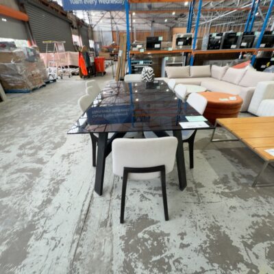 EX DISPLAY HOME -BLACK GLASS DINING TABLE WITH 8 CREAM DINING CHAIRS, 2200MM X 1100MM, LIGHT MARKS, SOLD AS IS EX DISPLAY HOME -BLACK GLASS DINING TABLE WITH 8 CREAM DINING CHAIRS, 2200MM X 1100MM, LIGHT MARKS, SOLD AS IS