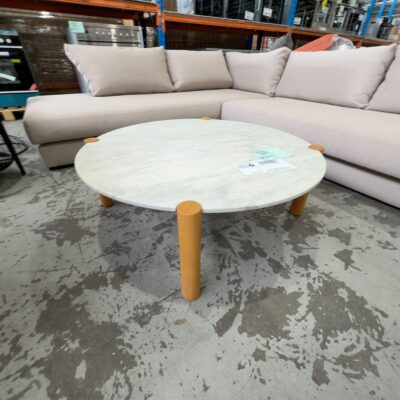 EX DISPLAY HOME - ROUND MARBLE COFFEE TABLE ON OAK FRAME 1000MM, SOLD AS IS EX DISPLAY HOME - ROUND MARBLE COFFEE TABLE ON OAK FRAME 1000MM, SOLD AS IS