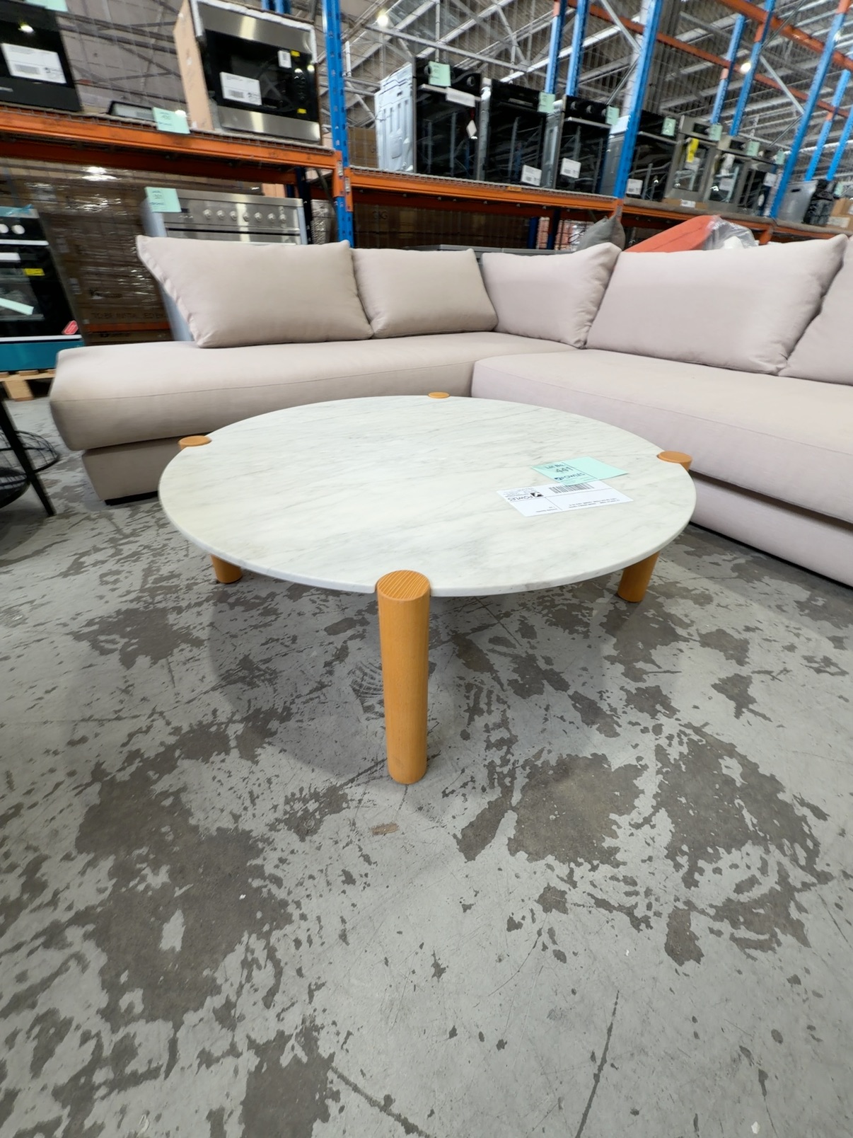EX DISPLAY HOME - ROUND MARBLE COFFEE TABLE ON OAK FRAME 1000MM, SOLD AS IS EX DISPLAY HOME - ROUND MARBLE COFFEE TABLE ON OAK FRAME 1000MM, SOLD AS IS