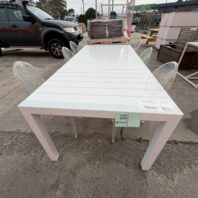 EX DISPLAY HOME - WHITE METAL SLAT DINING TABLE 2200MM X 1000MM WITH 6 GHOST ACRYLIC DINING CHAIRS, SOLD AS IS EX DISPLAY HOME - WHITE METAL SLAT DINING TABLE 2200MM X 1000MM WITH 6 GHOST ACRYLIC DINING CHAIRS, SOLD AS IS