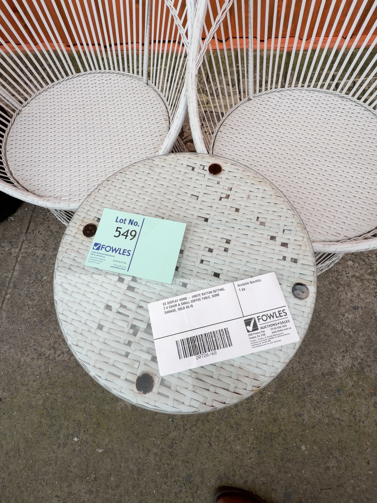EX DISPLAY HOME - WHITE RATTAN SETTING, 2 X CHAIR & SMALL COFFEE TABLE, SOME DAMAGE, SOLD AS IS EX DISPLAY HOME - WHITE RATTAN SETTING, 2 X CHAIR & SMALL COFFEE TABLE, SOME DAMAGE, SOLD AS IS