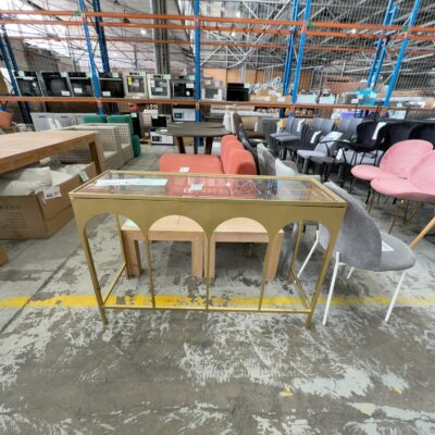 EX STAGING - GOLD FRAMED HALL TABLE WITH GLASS TOP ( CRACKED GLASS CORNER BACK LEFT) SOLD AS IS EX STAGING - GOLD FRAMED HALL TABLE WITH GLASS TOP ( CRACKED GLASS CORNER BACK LEFT) SOLD AS IS