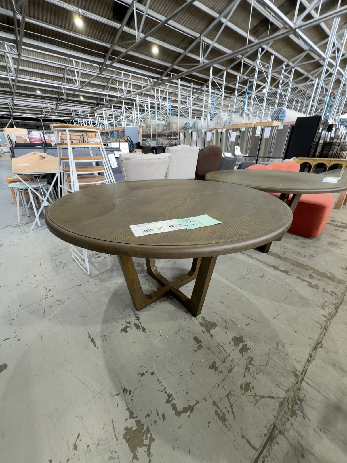 EX STAGING - 1300MM ROUND OAK DINING TABLE, DARK STAIN, SOLD AS IS **SOME MARKS IN TOP** EX STAGING - 1300MM ROUND OAK DINING TABLE, DARK STAIN, SOLD AS IS **SOME MARKS IN TOP**