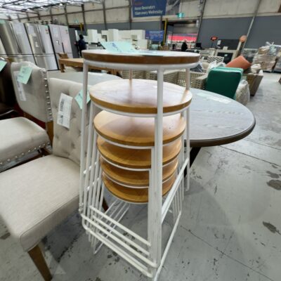 EX STAGING - TIMBER STOOL, WHITE METAL FRAME, SOLD AS IS EX STAGING - TIMBER STOOL, WHITE METAL FRAME, SOLD AS IS