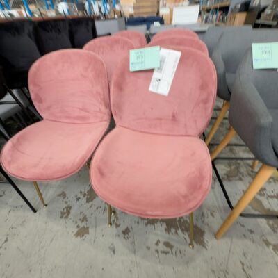 EX STAGING - PINK VELVET DINING CHAIR, BRASS LEGS, SOLD AS IS EX STAGING - PINK VELVET DINING CHAIR, BRASS LEGS, SOLD AS IS