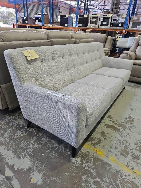 EX STAGING BEIGE BUTTON FABRIC COUCH, 3 SEATER SOLD AS IS EX STAGING BEIGE BUTTON FABRIC COUCH, 3 SEATER SOLD AS IS