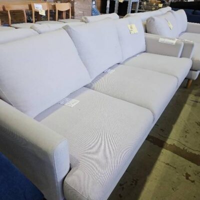 EX STAGING BEIGE FABRIC COUCH, 3 SEATER SOLD AS IS