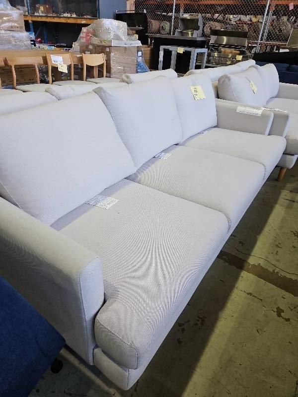EX STAGING BEIGE FABRIC COUCH, 3 SEATER SOLD AS IS EX STAGING BEIGE FABRIC COUCH, 3 SEATER SOLD AS IS