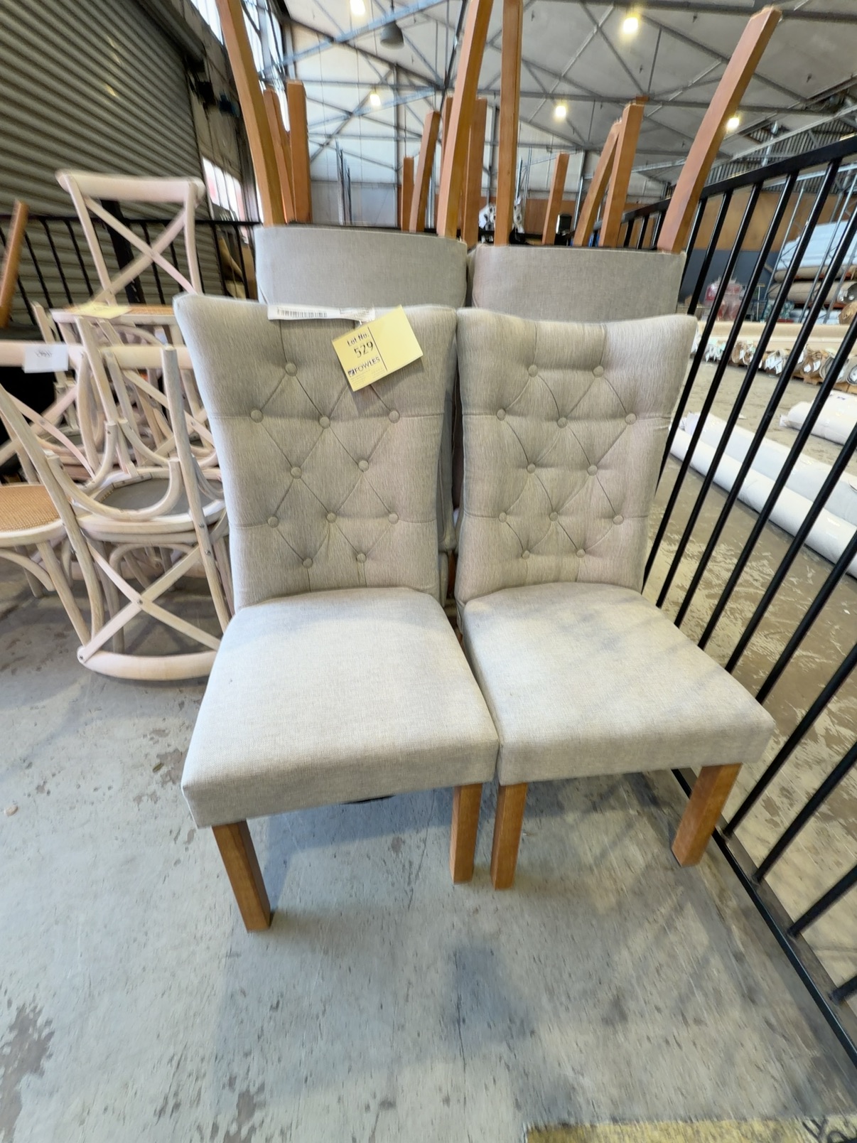 EX STAGING - HIGH BACK DINING CHAIR, BEIGE BUTTON UPHOLSTERED SOLD AS IS EX STAGING - HIGH BACK DINING CHAIR, BEIGE BUTTON UPHOLSTERED SOLD AS IS