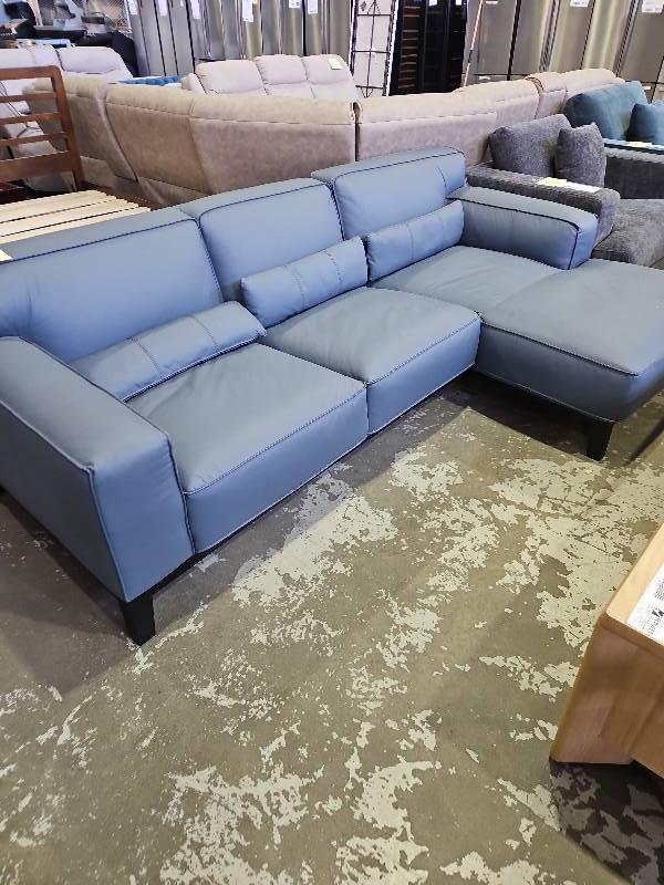 NEW BLUE LEATHER LOUNGE WITH CHAISE RRP$1999 NEW BLUE LEATHER LOUNGE WITH CHAISE RRP$1999