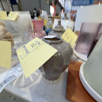 EX STAGING - TAUPE GINGER JAR, MISSING LID, SOLD AS IS