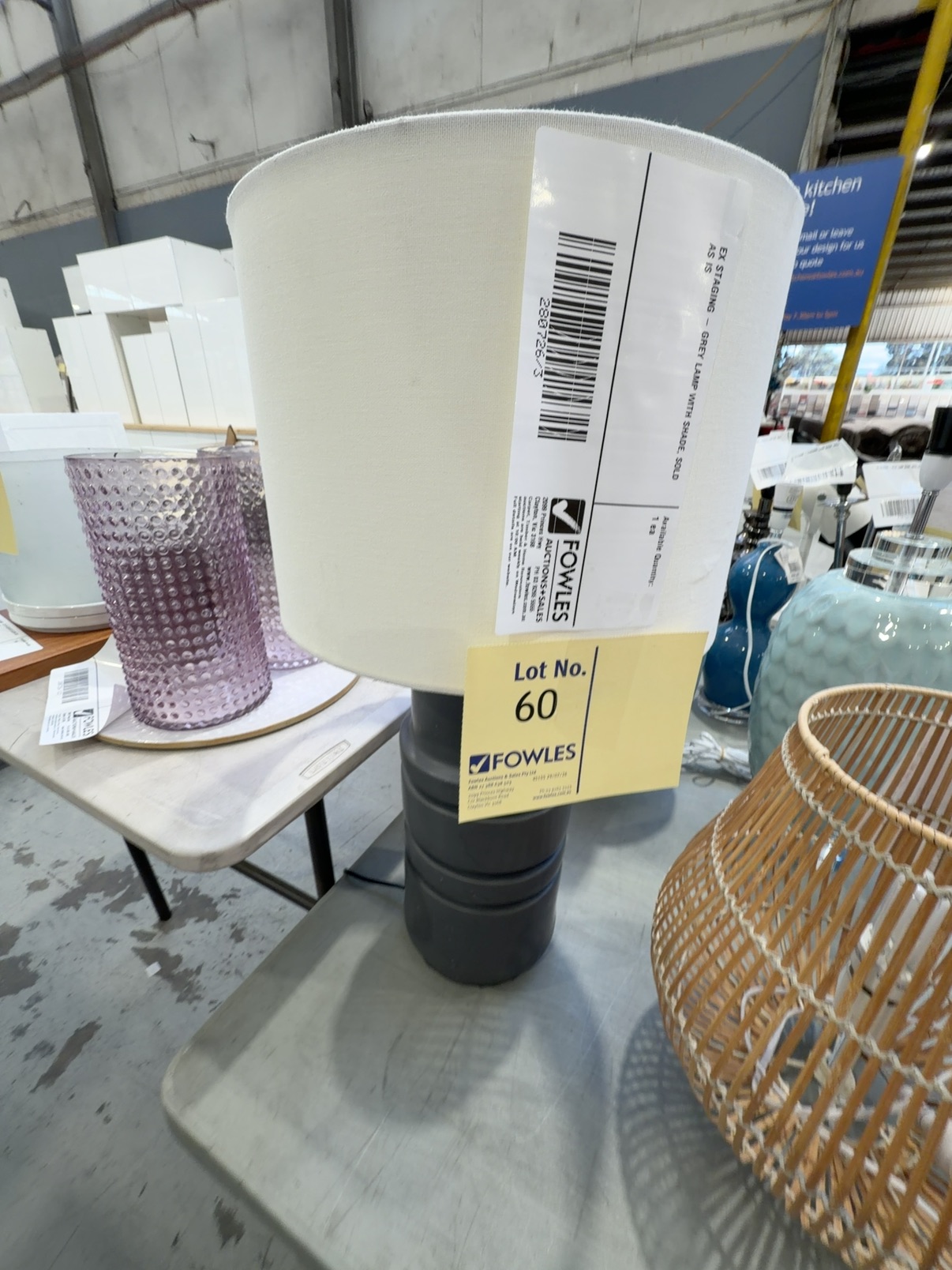 EX STAGING - GREY LAMP WITH SHADE, SOLD AS IS EX STAGING - GREY LAMP WITH SHADE, SOLD AS IS