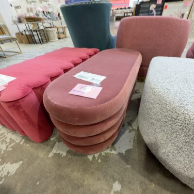 EX HIRE - DUSK PINK VELVET OVAL OTTOMAN, SOLD AS IS EX HIRE - DUSK PINK VELVET OVAL OTTOMAN, SOLD AS IS