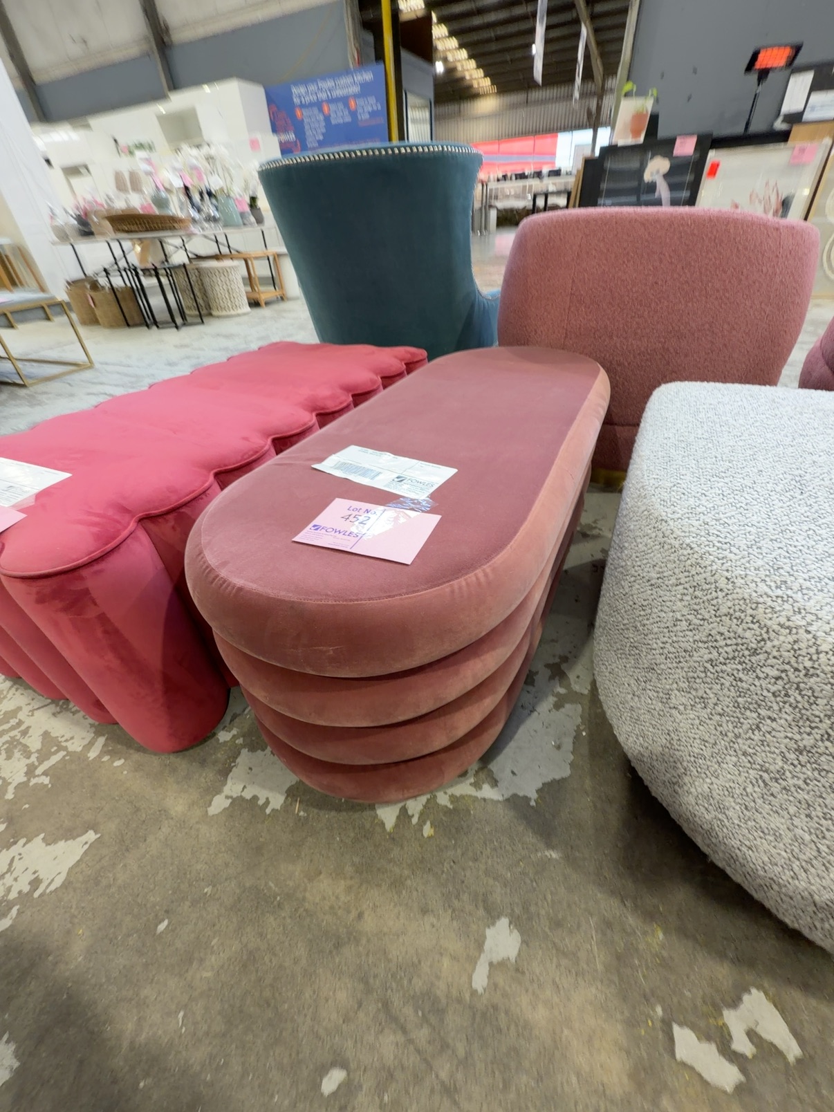 EX HIRE - DUSK PINK VELVET OVAL OTTOMAN, SOLD AS IS EX HIRE - DUSK PINK VELVET OVAL OTTOMAN, SOLD AS IS