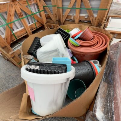 LARGE PALLET OF ASSORTED PLASTIC PLANT POTS, BUCKETS ETC SOLD AS IS LARGE PALLET OF ASSORTED PLASTIC PLANT POTS, BUCKETS ETC SOLD AS IS