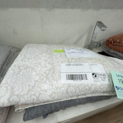 EX STAGING - LOT WITH SUPER KING COVERLETTE & GREY THROW, SOLD AS IS