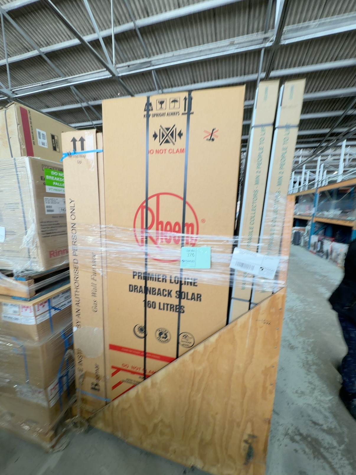 PALLET OF RHEEM SOLAR HOT WATER SYSTEMS AND PANELS, SOLD AS IS NO WARRANTY PALLET OF RHEEM SOLAR HOT WATER SYSTEMS AND PANELS, SOLD AS IS NO WARRANTY