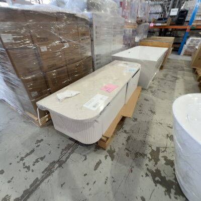 AULIC PETRA MARK II 1500MM WALL HUNG VANITY, CURVED FLUTED MATTE WHITE, WITH PURE FLAT STONE TOP, CAWH402-1500 RRP$2835 **DAMAGED CABINET, SOLD AS IS** AULIC PETRA MARK II 1500MM WALL HUNG VANITY, CURVED FLUTED MATTE WHITE, WITH PURE FLAT STONE TOP, CAWH402-1500 RRP$2835 **DAMAGED CABINET, SOLD AS IS**
