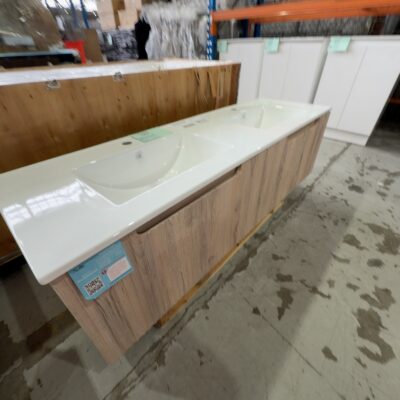 NEW AULIC CALDER 1500MM DOUBLE BOWL WALL HUNG VANITY, NATURAL OAK WAVE GROOVE FINISH, WITH CRYSTAL CERAMIC VANITY TOP CAWH44-1500D-CT28 NEW AULIC CALDER 1500MM DOUBLE BOWL WALL HUNG VANITY, NATURAL OAK WAVE GROOVE FINISH, WITH CRYSTAL CERAMIC VANITY TOP CAWH44-1500D-CT28