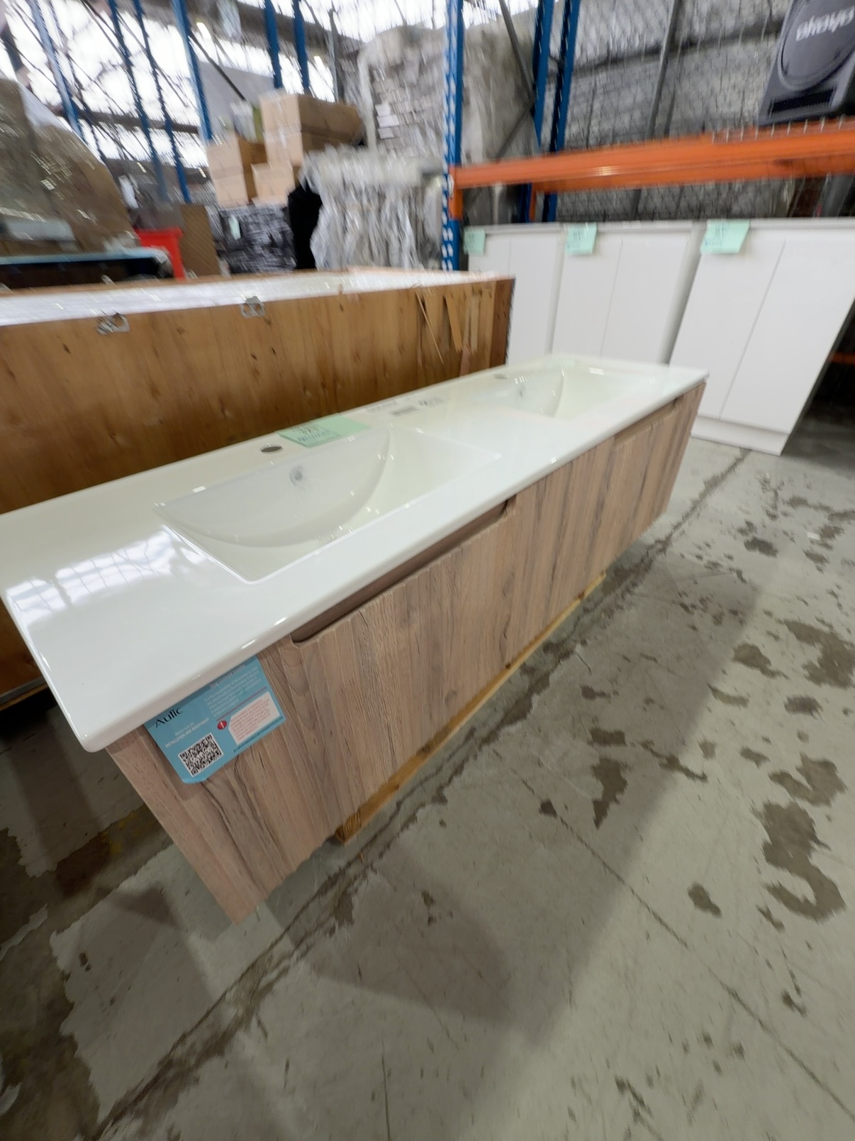NEW AULIC CALDER 1500MM DOUBLE BOWL WALL HUNG VANITY, NATURAL OAK WAVE GROOVE FINISH, WITH CRYSTAL CERAMIC VANITY TOP CAWH44-1500D-CT28 NEW AULIC CALDER 1500MM DOUBLE BOWL WALL HUNG VANITY, NATURAL OAK WAVE GROOVE FINISH, WITH CRYSTAL CERAMIC VANITY TOP CAWH44-1500D-CT28