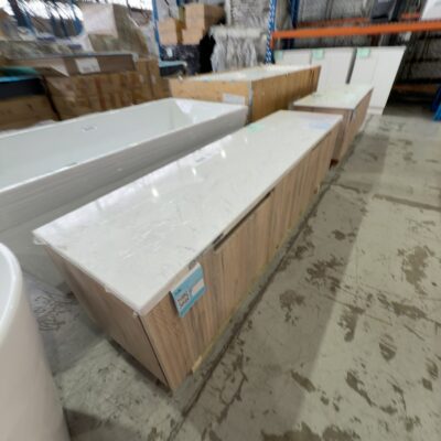 NEW AULIC CALDER 1800MM DOUBLE BOWL WALL HUNG VANITY, NATURAL OAK WAVE GROOVE FINISH, WITH CATO FLAT STONE TOP RRP$3019 CAWH44-1800D-ST26FT NEW AULIC CALDER 1800MM DOUBLE BOWL WALL HUNG VANITY, NATURAL OAK WAVE GROOVE FINISH, WITH CATO FLAT STONE TOP RRP$3019 CAWH44-1800D-ST26FT